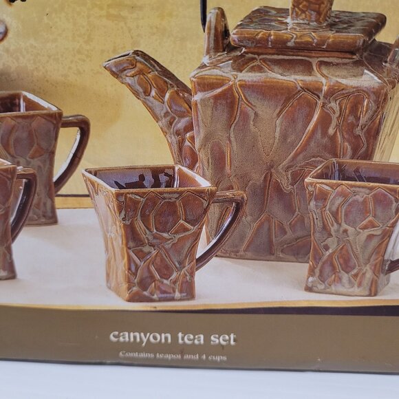 Pier 1 Stoneware Canyon Tea Set Teapot 4 Cups New in Box Brown Square Abstract - Picture 8 of 8
